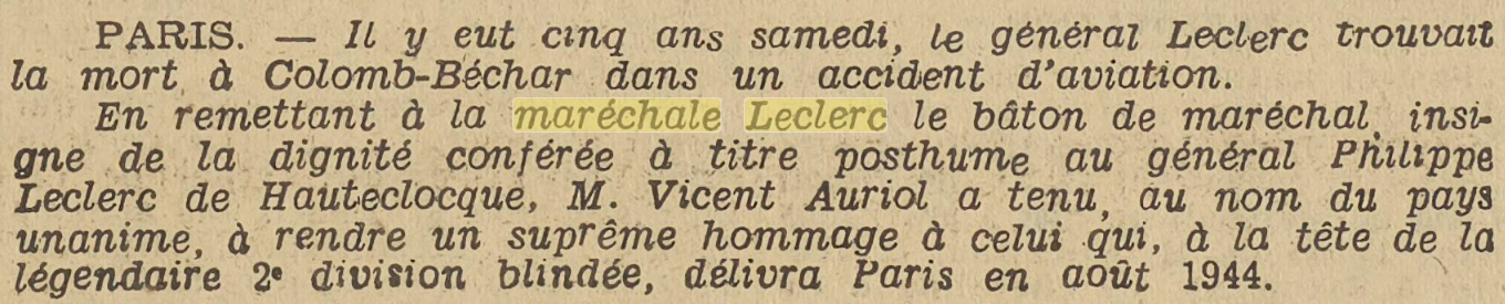Mme Leclerc, Bâton de Maréchal, 1952