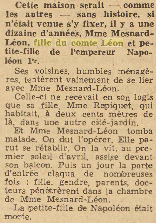 Mme Mesnard-Léon, petite-fille de l'Empereur Napoléon, 1946