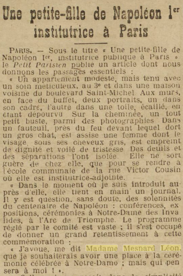 Petite-fille de Napoléon, institutrice à Paris, 1921