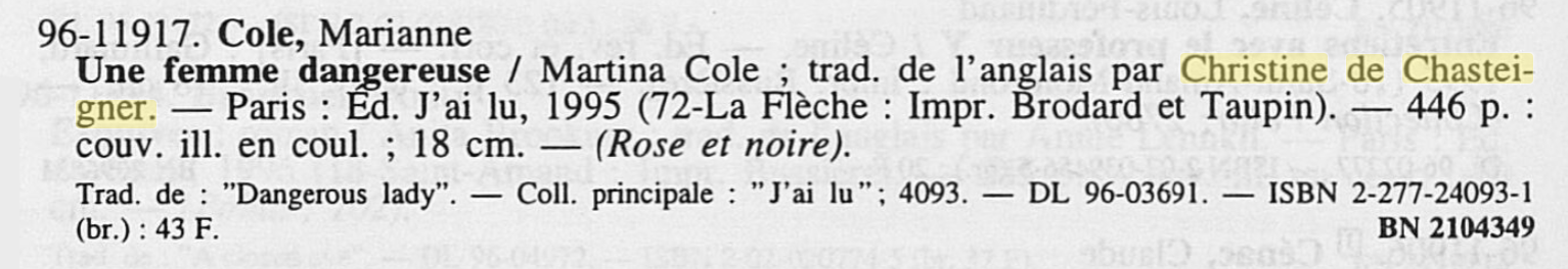 Traduction, Christine de Chasteigner, 1996