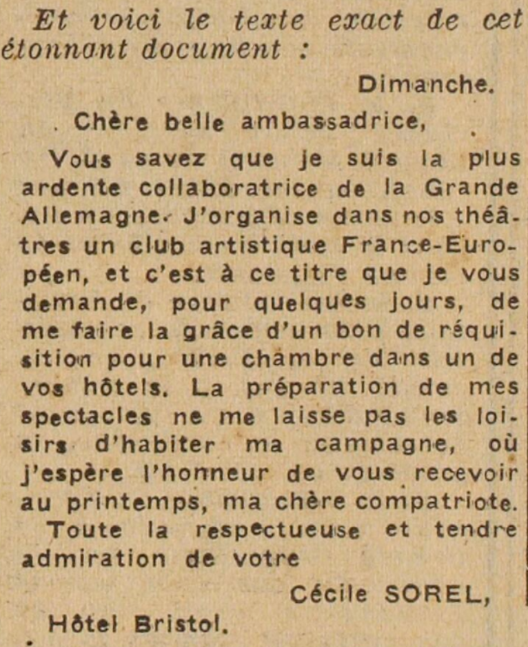 Lettre Cécile Sorel, hôtel Bristol, 1948