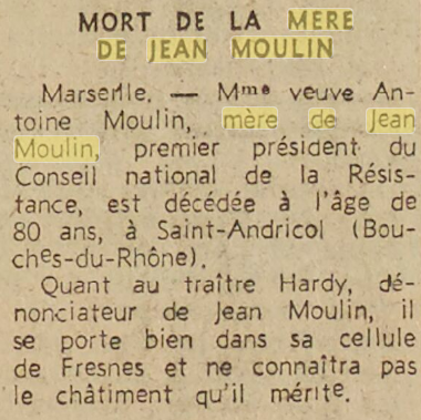 Mère de Jean Moulin, Président CNR, 1947